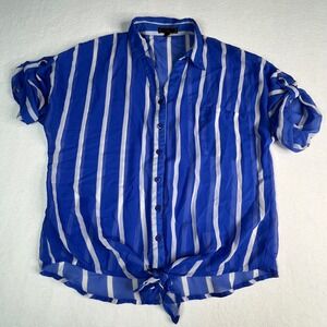 Blue & White Sheer Striped Tie Front Button Down Shirt Womens Sz Large Cover Up